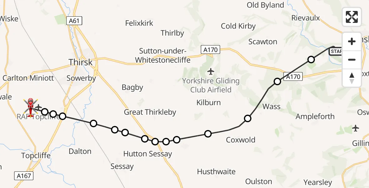Flight route Air Ambulance Helicopter Rievaulx - RAF Topcliffe, 12 May 2026, 12:56