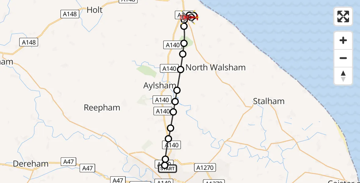 Flight route Air Ambulance Helicopter Norwich Airport - Northrepps Aerodrome, 12 May 2026, 13:01