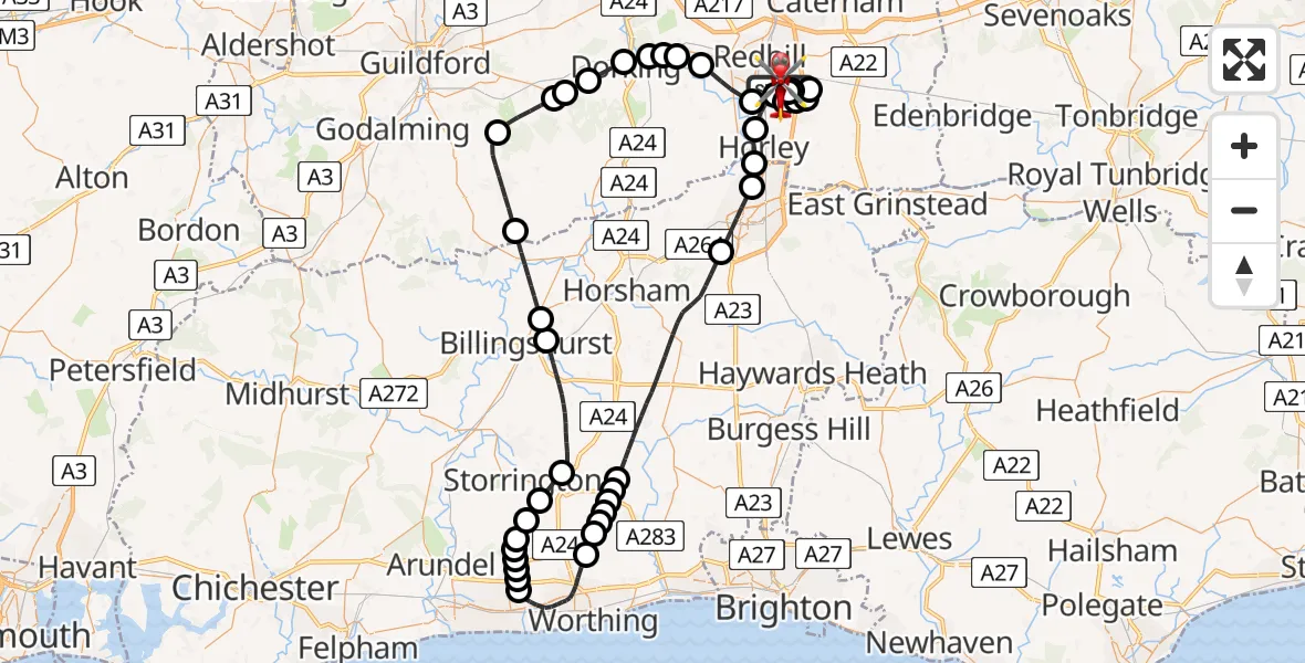 Flight route Air Ambulance Helicopter Redhill Aerodrome - Redhill Aerodrome, 12 May 2026, 13:01