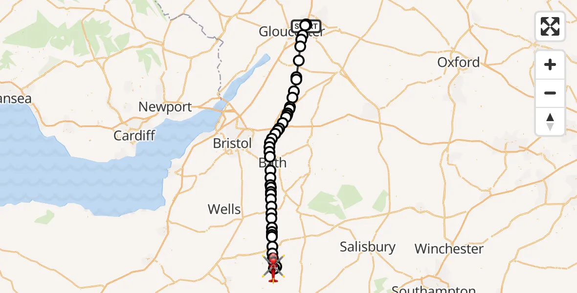 Flight route Air Ambulance Helicopter Gloucestershire Airport - Henstridge Airfield, 12 May 2026, 13:05