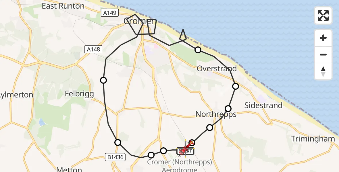 Flight route Air Ambulance Helicopter Northrepps Aerodrome - Northrepps Aerodrome, 12 May 2026, 13:21