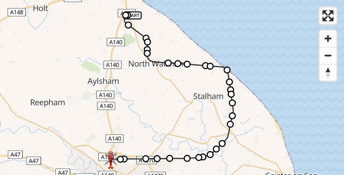 Flight route Air Ambulance Helicopter Northrepps Aerodrome - Norwich Airport, 12 May 2026, 13:31