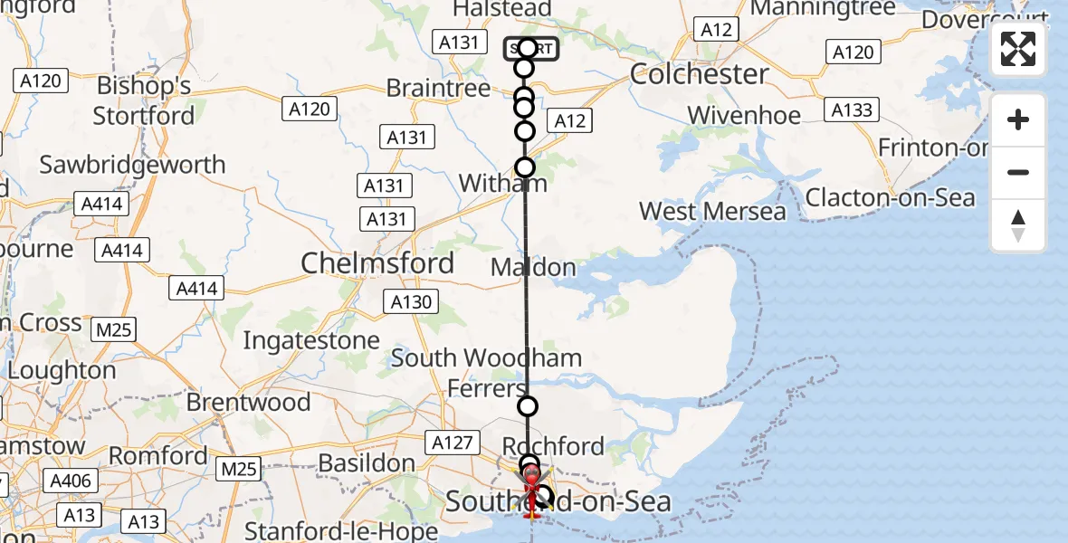 Flight route Air Ambulance Helicopter Earls Colne Airfield - Leigh on Sea, 12 May 2026, 13:35
