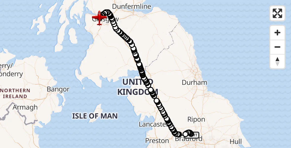 Flight route Air Ambulance Aircraft Leeds Bradford Airport - Glasgow Airport, 12 May 2026, 13:37