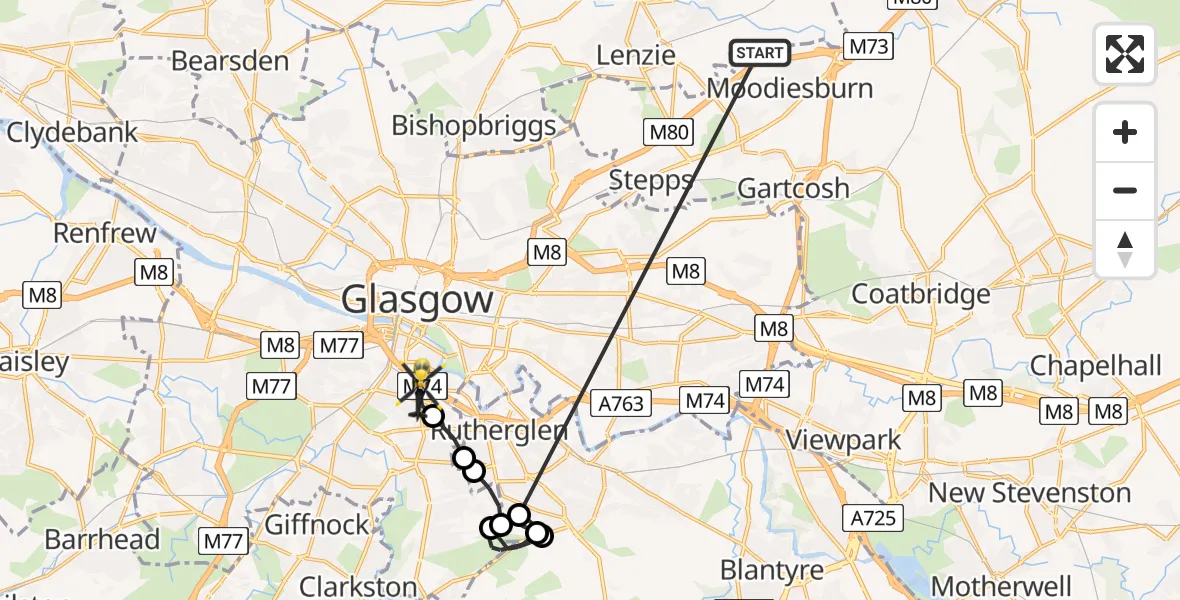 Flight route Police Helicopter Moodiesburn - Glasgow, 12 May 2026, 13:44
