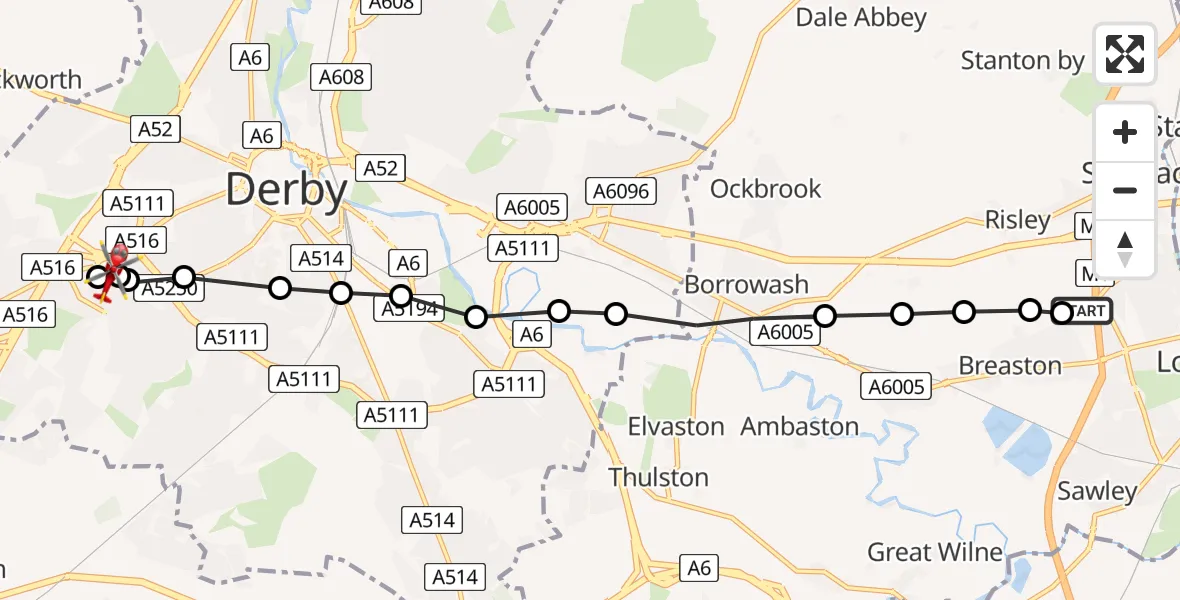 Flight route Air Ambulance Helicopter Long Eaton - Royal Derby Trauma Unit, 12 May 2026, 13:46