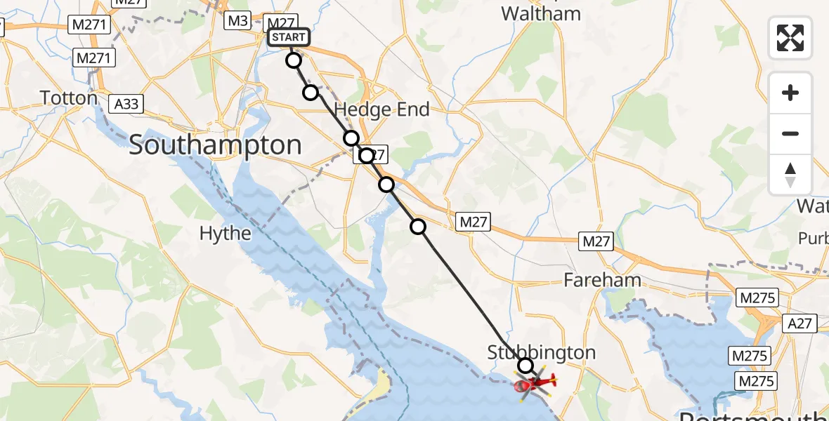 Flight route Air Ambulance Helicopter Southampton Airport - Stubbington, 12 May 2026, 13:46