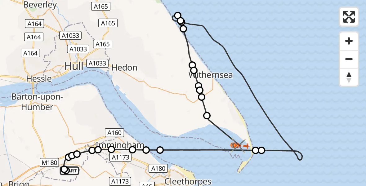 Flight route Coastguard Helicopter Humberside Airport - North Sea, 12 May 2026, 14:08