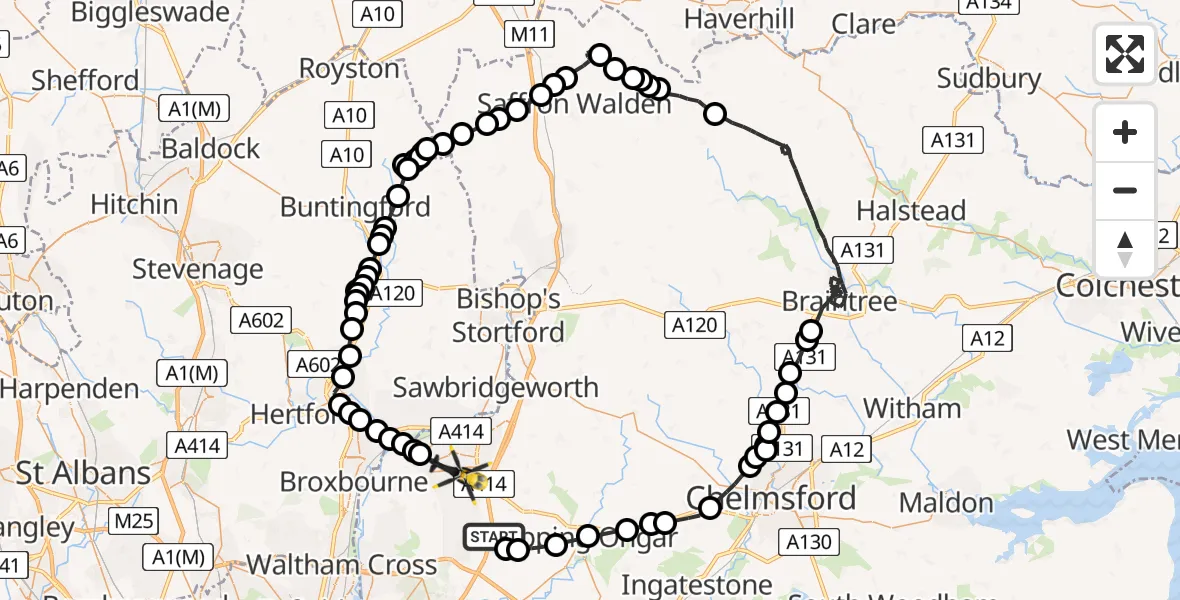 Flight route Police Helicopter Coopersale - Harlow, 12 May 2026, 14:08
