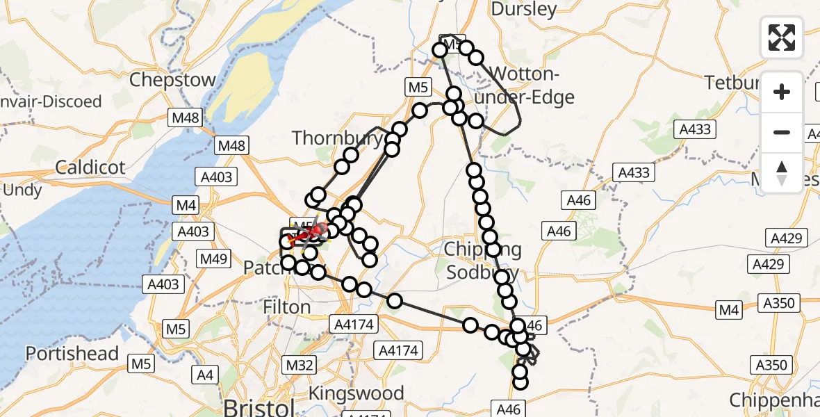 Flight route Air Ambulance Helicopter Almondsbury Helicopter Base - Hortham, 12 May 2026, 14:13