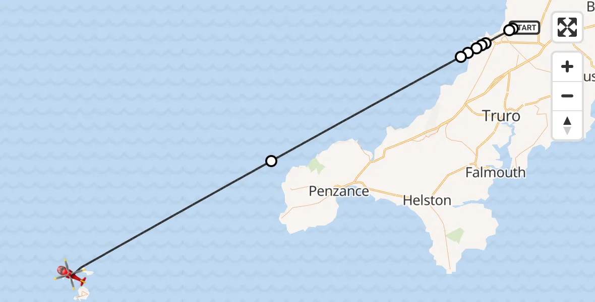 Flight route Air Ambulance Helicopter Cornwall Airport Newquay - North Atlantic Ocean, 12 May 2026, 14:14