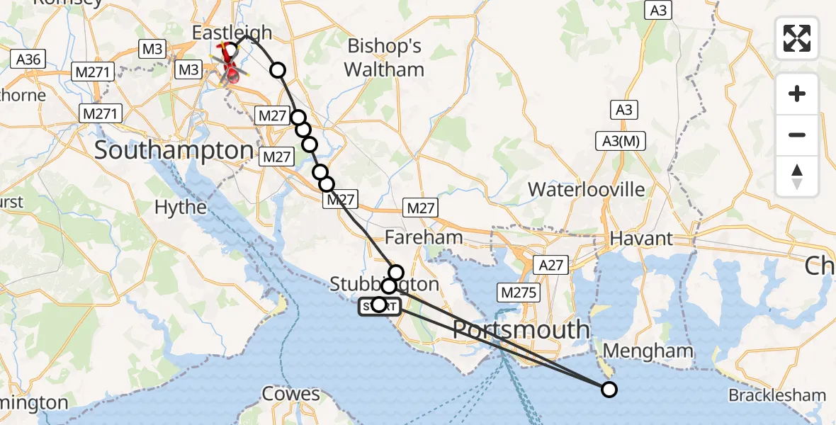 Flight route Air Ambulance Helicopter Solent Airport - Southampton Airport, 12 May 2026, 14:24