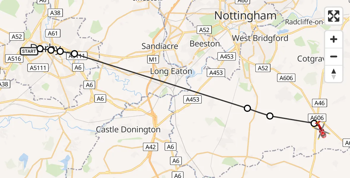 Flight route Air Ambulance Helicopter Littleover - Nottingham Heliport, 12 May 2026, 14:27