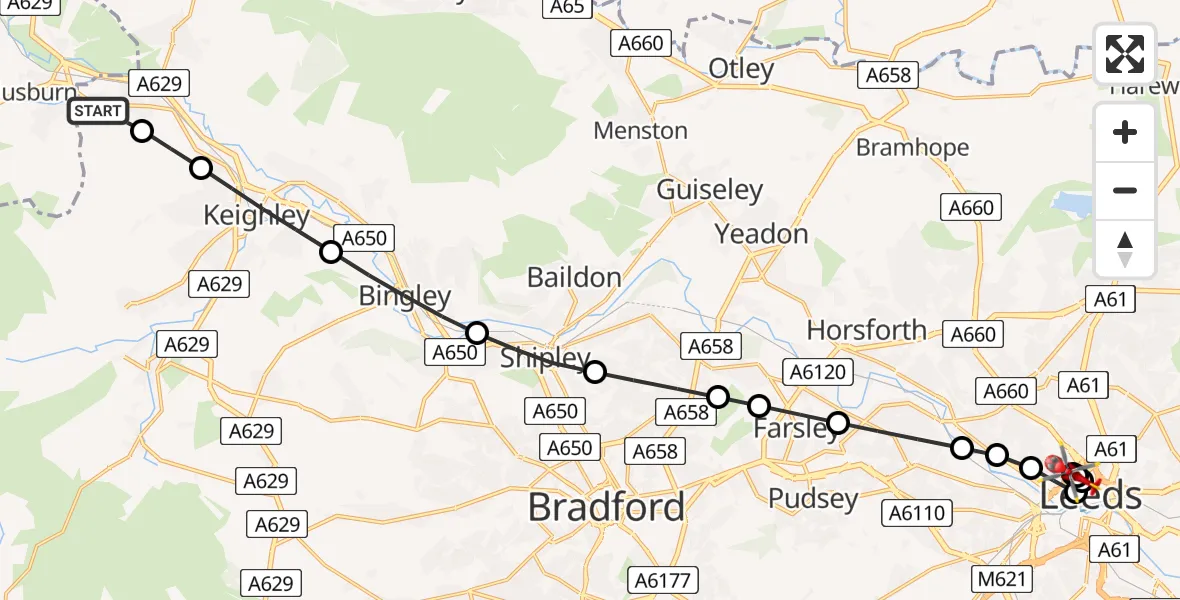Flight route Air Ambulance Helicopter Eastburn - Woodhouse, 12 May 2026, 14:27
