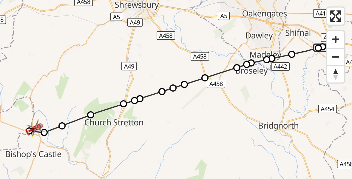 Flight route Air Ambulance Helicopter RAF Cosford - Hyssington, 12 May 2026, 14:31