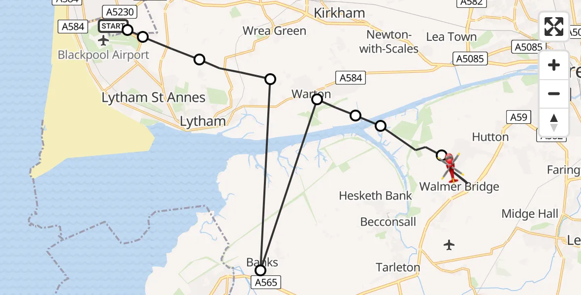 Flight route Air Ambulance Helicopter Blackpool Airport - Walmer Bridge, 12 May 2026, 14:38