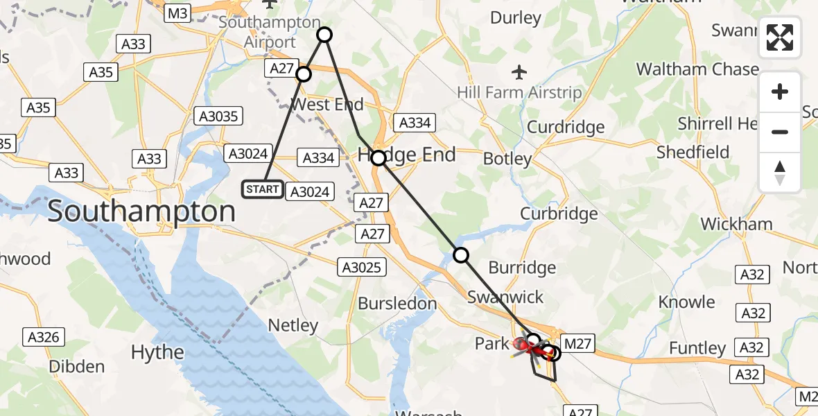 Flight route Air Ambulance Helicopter Merry Oak - Park Gate, 12 May 2026, 14:42