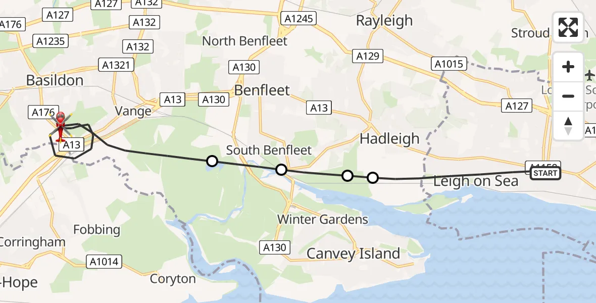 Flight route Air Ambulance Helicopter Leigh on Sea - Basildon, 12 May 2026, 14:43