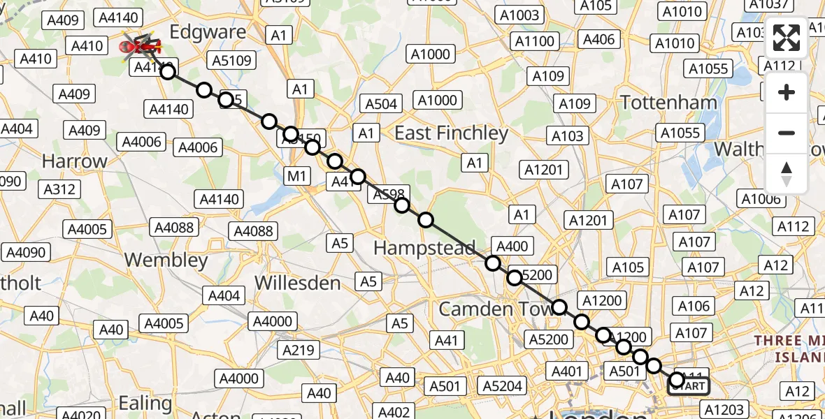 Flight route Air Ambulance Helicopter Royal London Hospital - Stanmore, 12 May 2026, 14:58