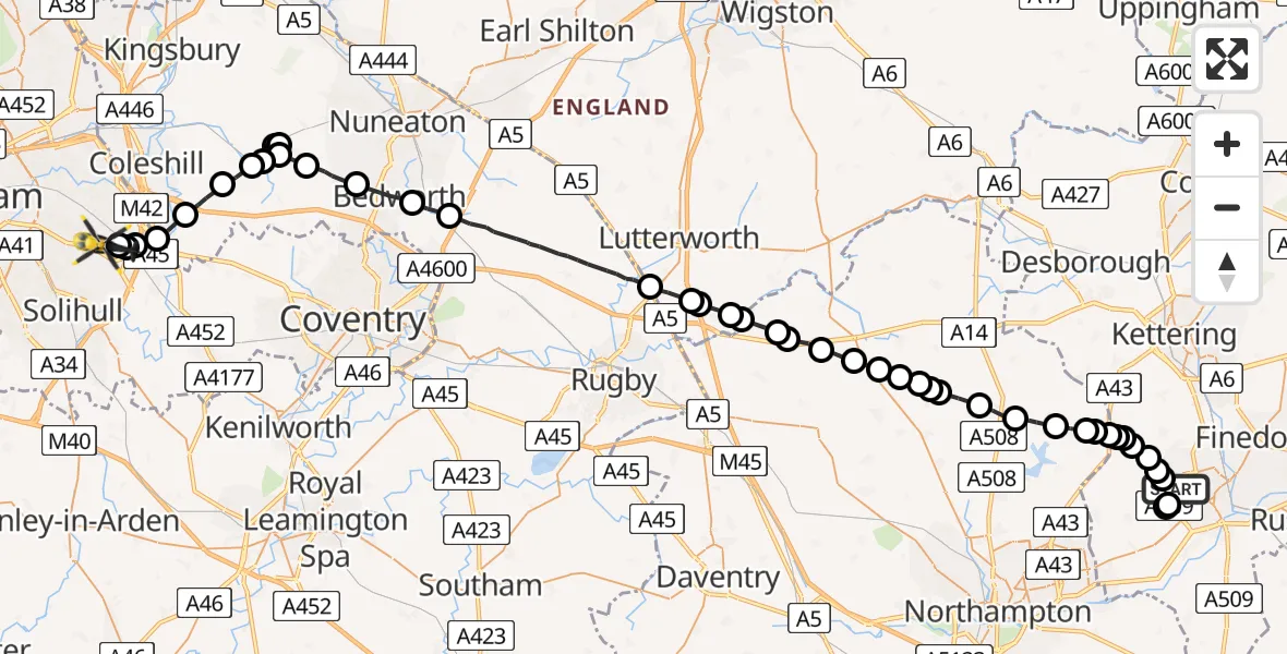 Flight route Police Helicopter Wellingborough - Birmingham Airport, 12 May 2026, 15:08