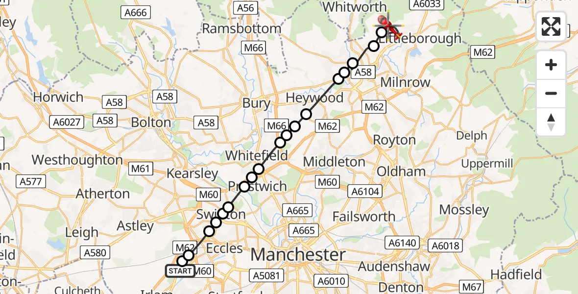 Flight route Air Ambulance Helicopter Manchester Barton Aerodrome - Rochdale, 12 May 2026, 15:08