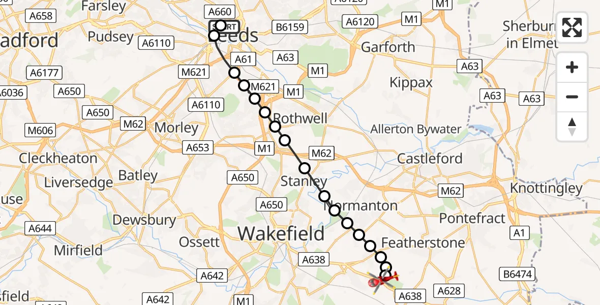 Flight route Air Ambulance Helicopter Woodhouse - YAA Nostell Helicopter Port, 12 May 2026, 15:13