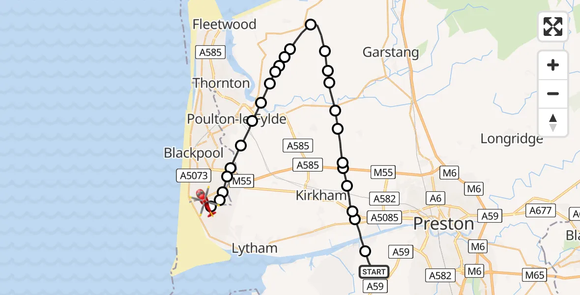 Flight route Air Ambulance Helicopter Walmer Bridge - Blackpool Airport, 12 May 2026, 15:20