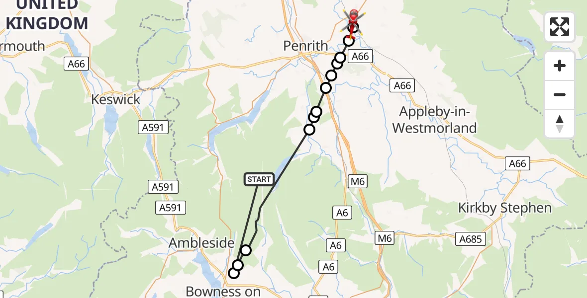 Flight route Air Ambulance Helicopter Bampton - Edenhall, 12 May 2026, 15:26