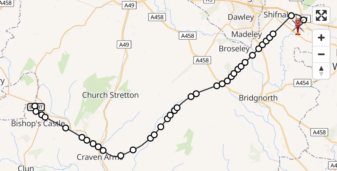 Flight route Air Ambulance Helicopter Lydham - Cosford, 12 May 2026, 15:29