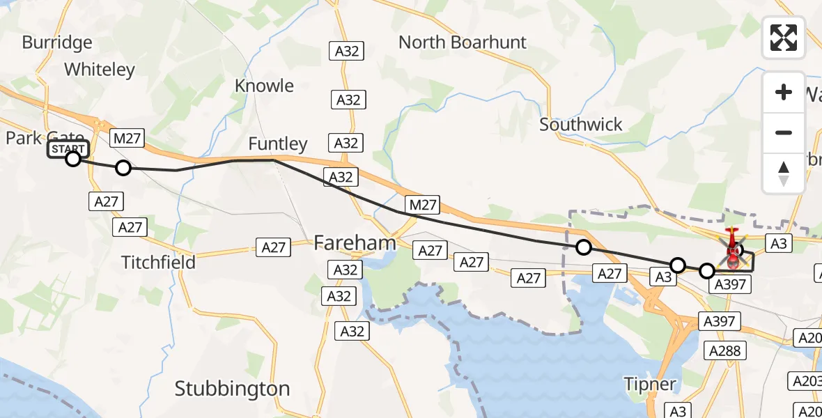 Flight route Air Ambulance Helicopter Fareham - Queen Alexandra Hospital, 12 May 2026, 15:41