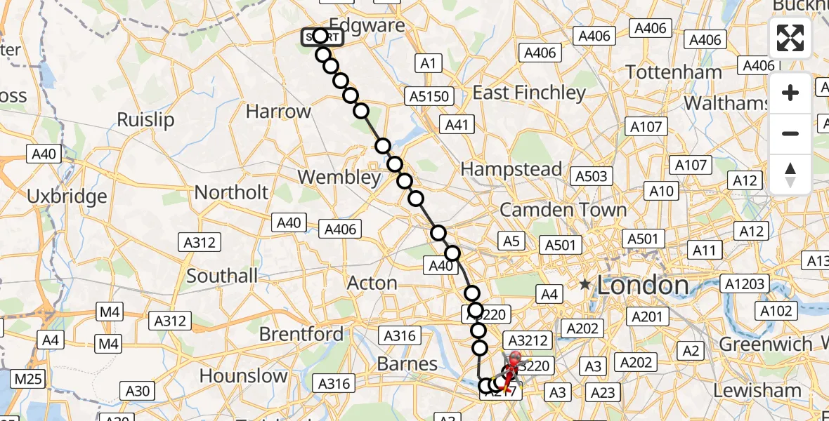 Flight route Air Ambulance Helicopter Stanmore - London Heliport, 12 May 2026, 15:48