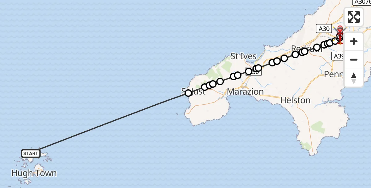 Flight route Air Ambulance Helicopter North Atlantic Ocean - Treliske Hospital, 12 May 2026, 15:54