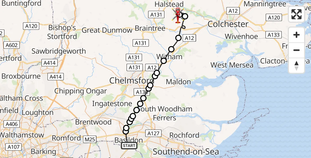 Flight route Air Ambulance Helicopter Basildon - Earls Colne Airfield, 12 May 2026, 15:58