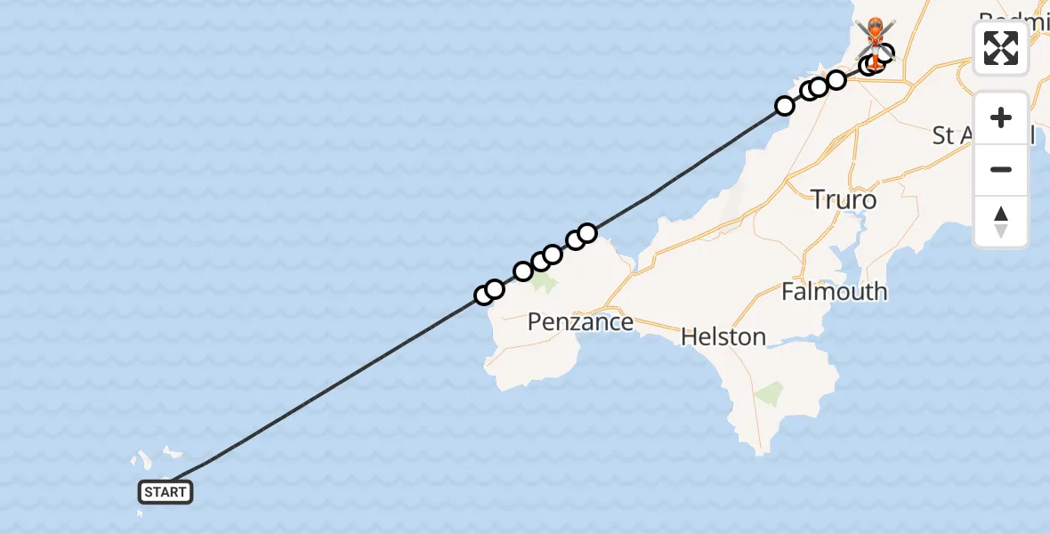 Flight route Coastguard Helicopter North Atlantic Ocean - Cornwall Airport Newquay, 12 May 2026, 16:06