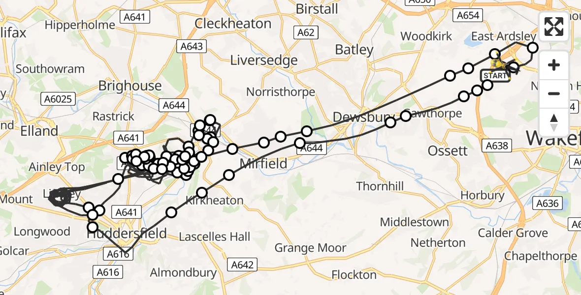 Flight route Police Helicopter Wrenthorpe - East Ardsley, 12 May 2026, 16:36