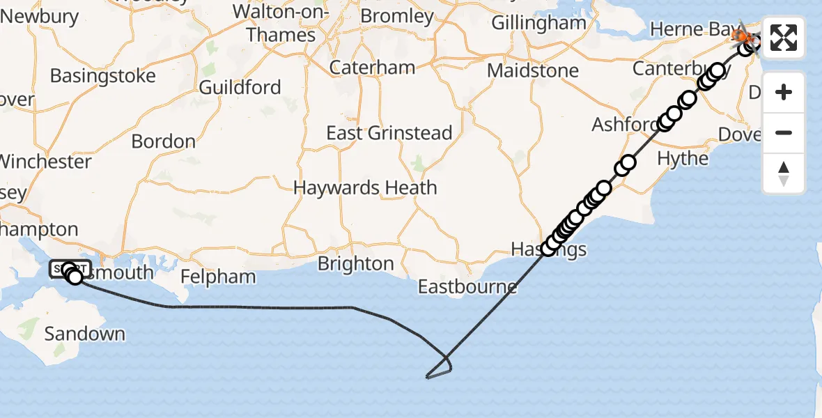 Flight route Coastguard Helicopter Solent Airport - Manston Airport, 12 May 2026, 16:36