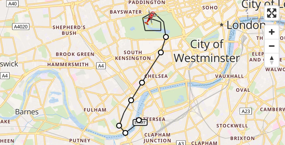 Flight route Air Ambulance Helicopter London Heliport - City of Westminster, 12 May 2026, 16:40