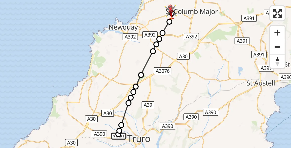 Flight route Air Ambulance Helicopter Treliske Hospital - Cornwall Airport Newquay, 12 May 2026, 16:48