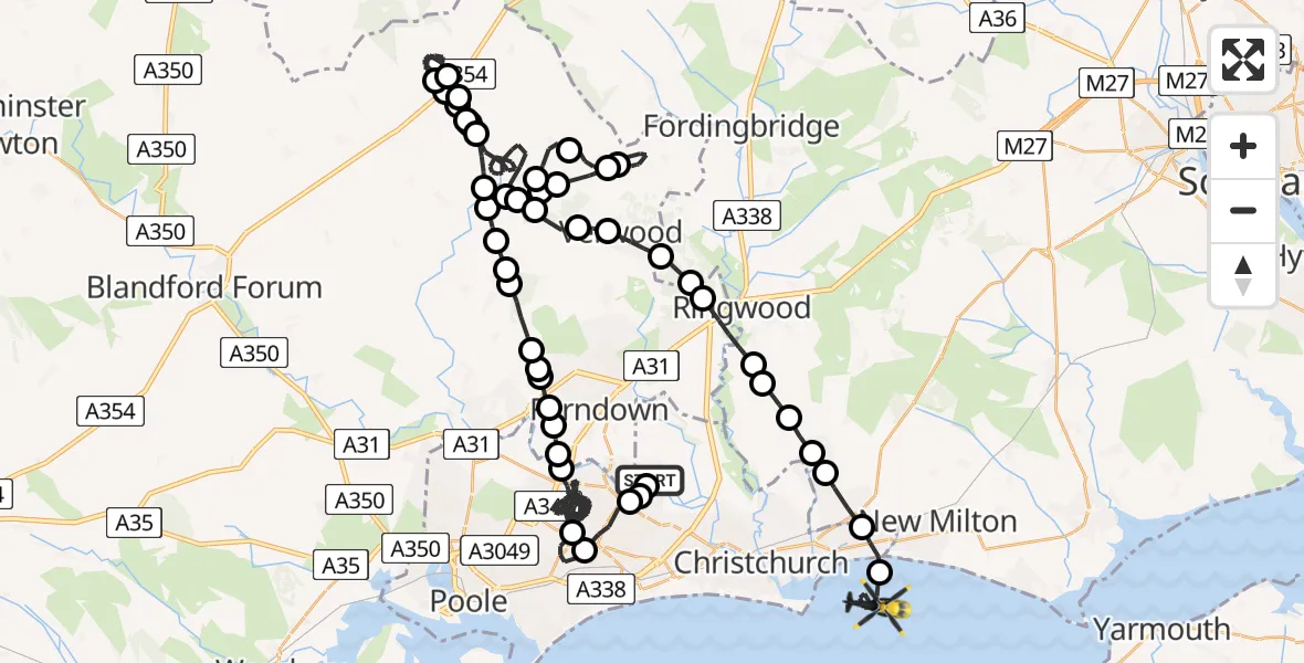 Flight route Police Helicopter Bournemouth Airport - English Channel, 12 May 2026, 17:11