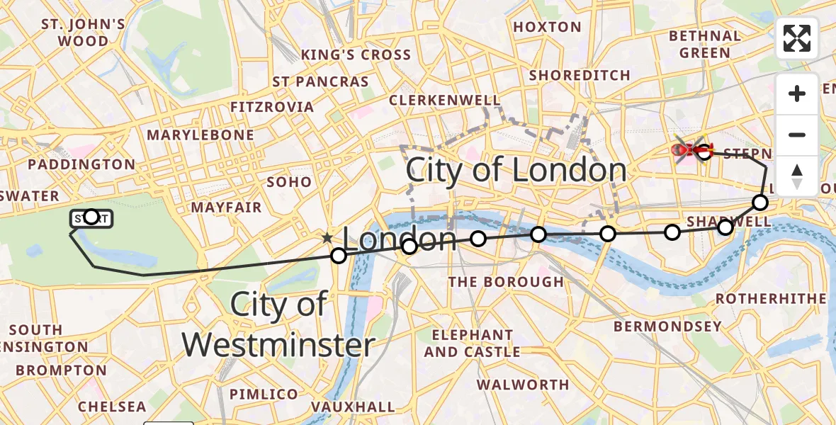 Flight route Air Ambulance Helicopter City of Westminster - Royal London Hospital, 12 May 2026, 17:13