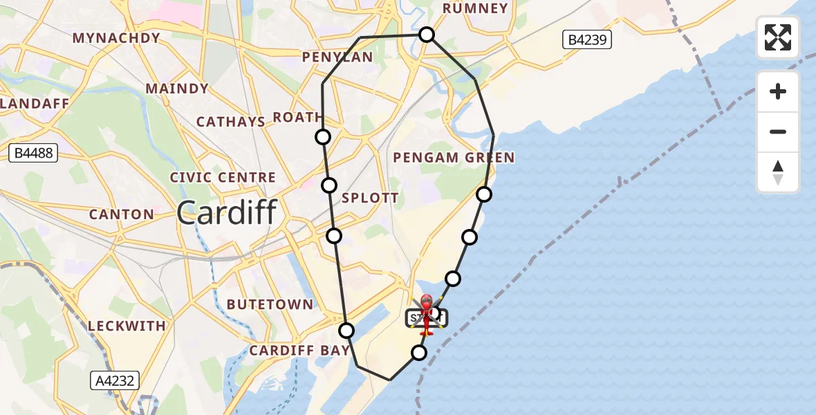 Flight route Air Ambulance Helicopter Cardiff Heliport - Cardiff Heliport, 12 May 2026, 17:23