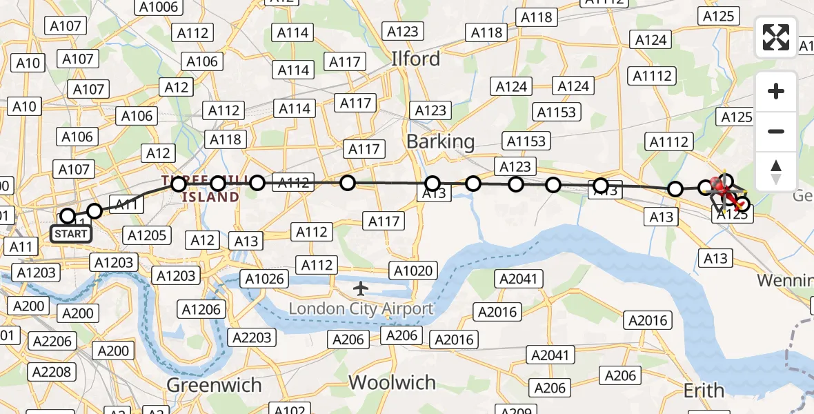 Flight route Air Ambulance Helicopter Royal London Hospital - Rainham, 12 May 2026, 17:38