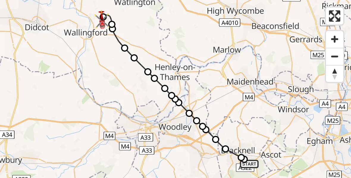 Flight route Air Ambulance Helicopter Winkfield - RAF Benson, 12 May 2026, 17:44