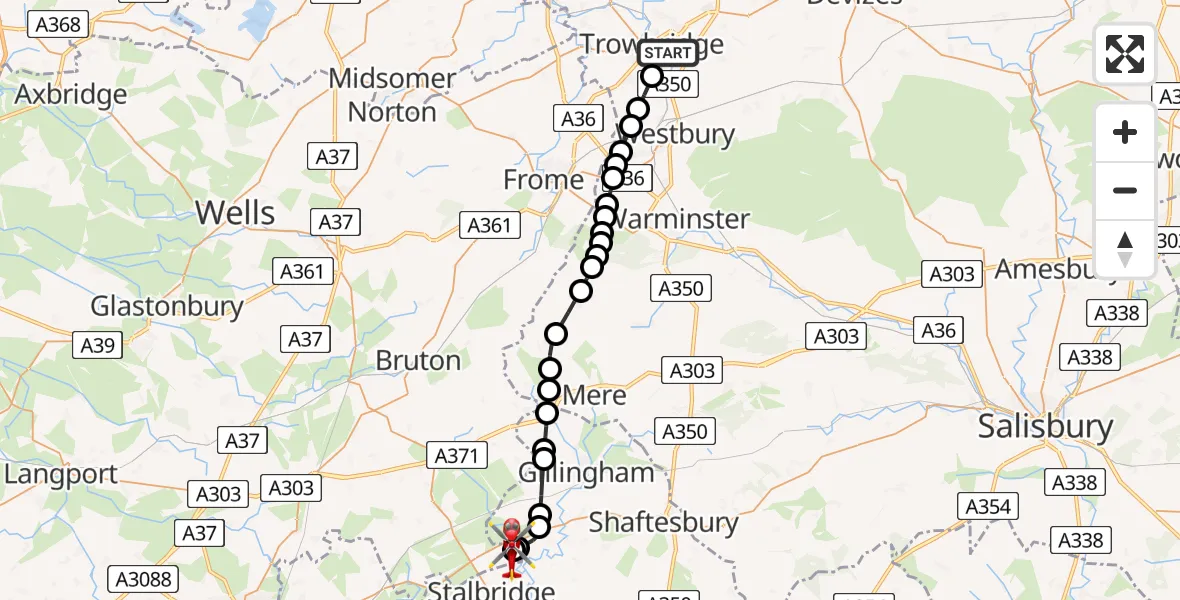 Flight route Air Ambulance Helicopter Trowbridge - Henstridge Airfield, 12 May 2026, 18:06