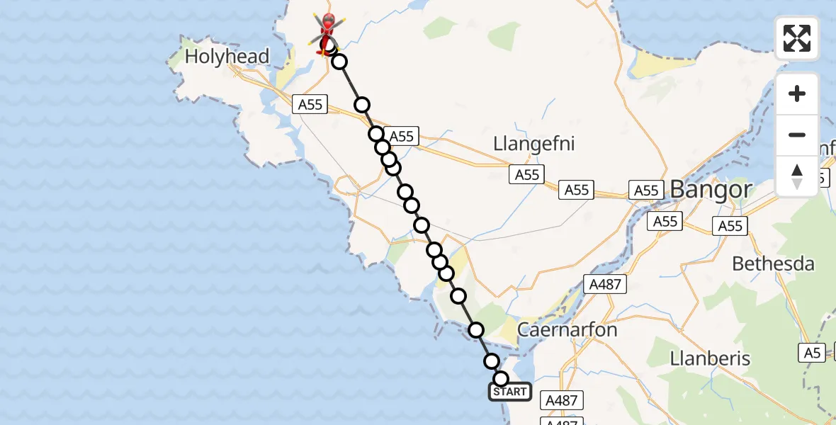 Flight route Air Ambulance Helicopter Caernarfon Airport - Llanfachraeth, 12 May 2026, 18:08