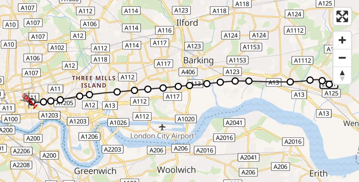 Flight route Air Ambulance Helicopter South Hornchurch - Royal London Hospital, 12 May 2026, 18:16