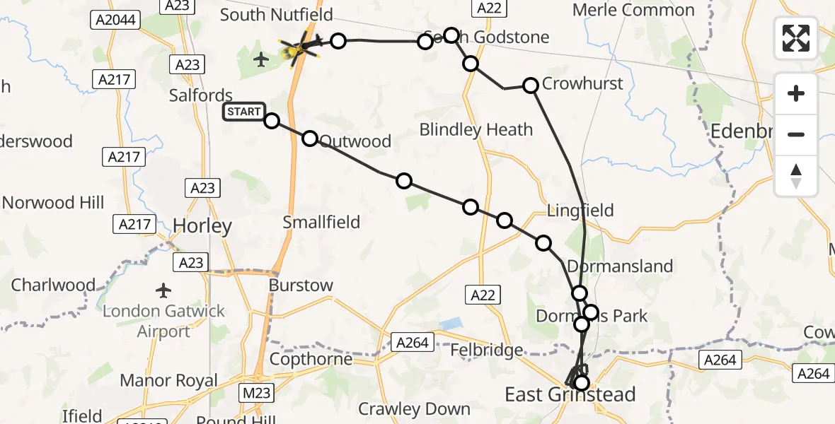 Flight route Police Helicopter Salfords - South Nutfield, 12 May 2026, 18:19