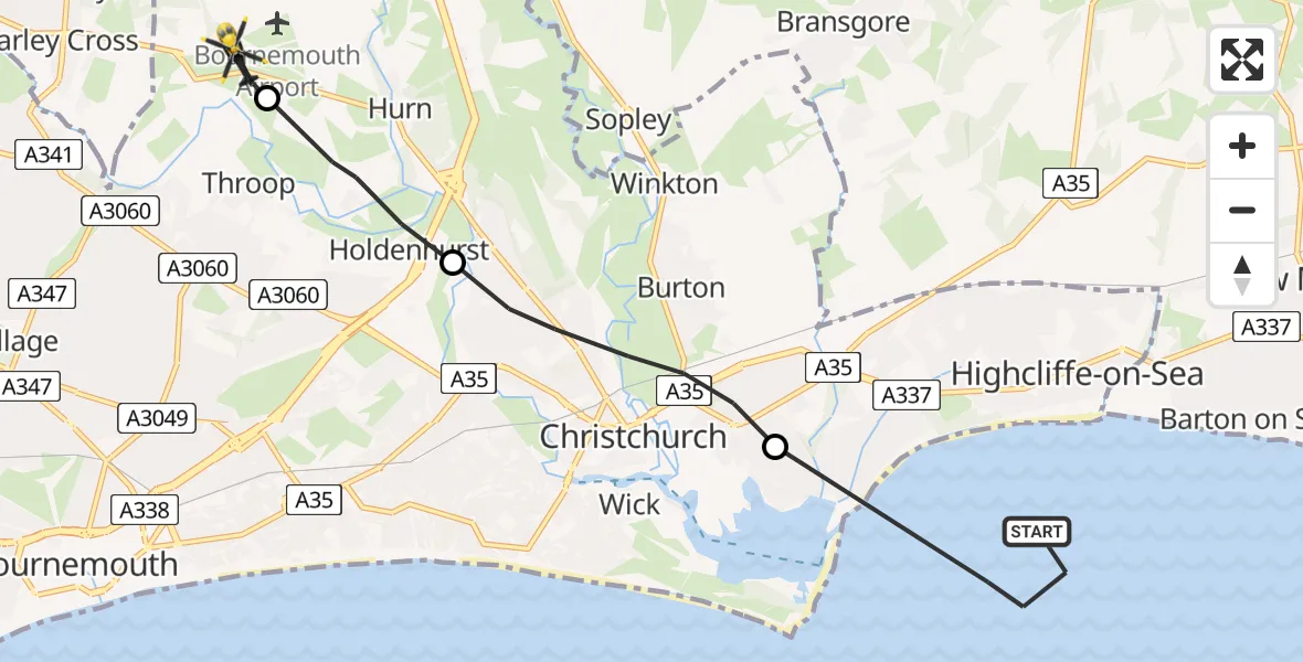 Flight route Police Helicopter English Channel - Bournemouth Airport, 12 May 2026, 18:27