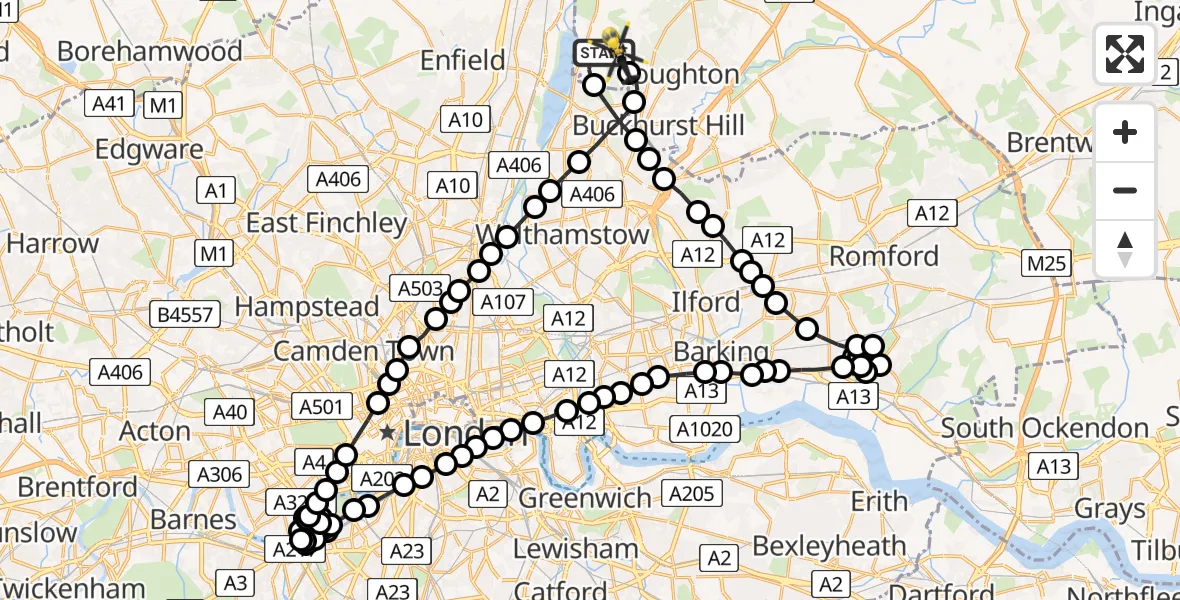 Flight route Police Helicopter Sewardstonebury - Metropolitan Police Air Support Unit Lippitts Hill, 12 May 2026, 18:29