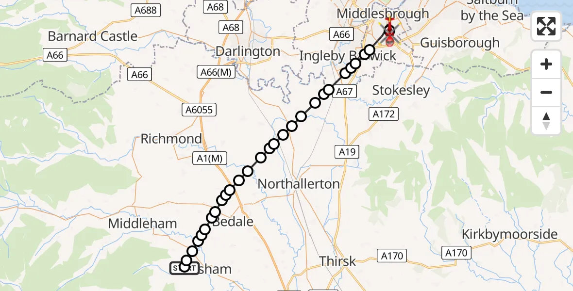Flight route Air Ambulance Helicopter Ripon - James Cook University Hospital, 12 May 2026, 19:03